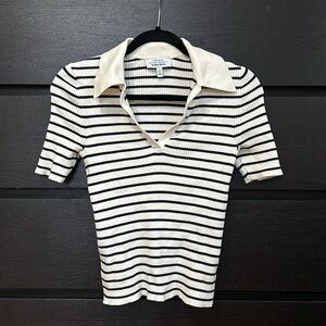 & Other Stories Open Collar Striped Short Sleeve Sweater- Paris Atelier